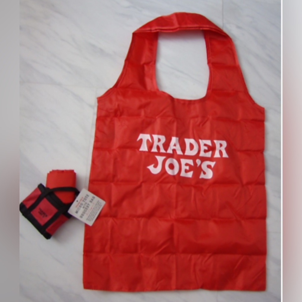 New Trader Joe's Red Black Mini Micro Tote Folded 2 in 1 Reusable Shopping Bag